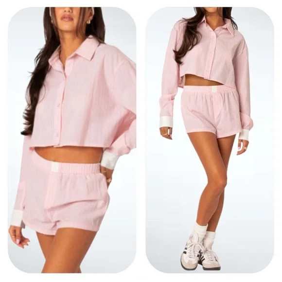 NWT Edikted XS pinstriped cropped button down & shorts set - Picture 3 of 15